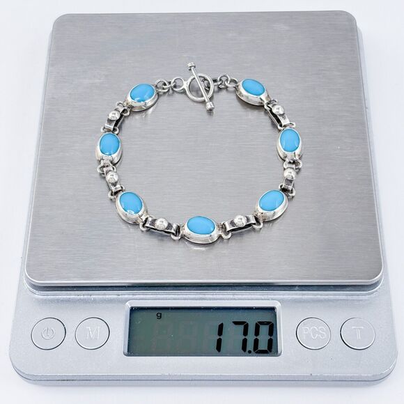 Mexican Blue Enamel Link Bracelet | Vintage Sterling Silver 925  7" - Picture 5 of 5